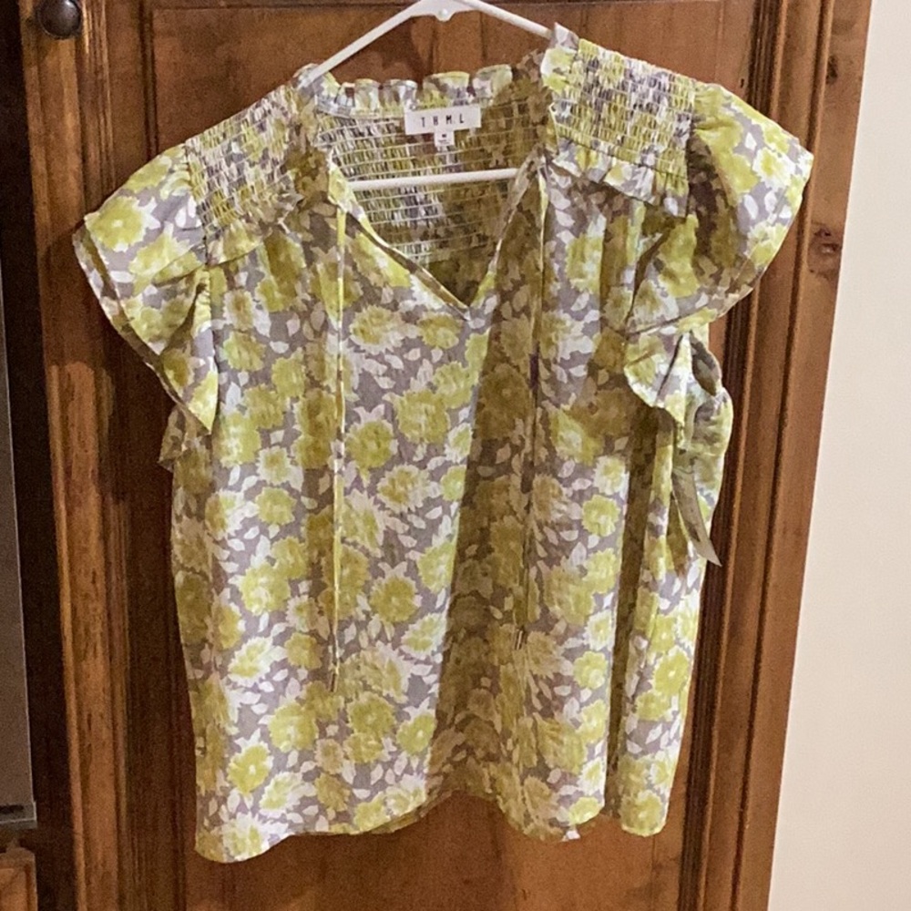 THML Women's Floral Top - Green and Gray- size medium